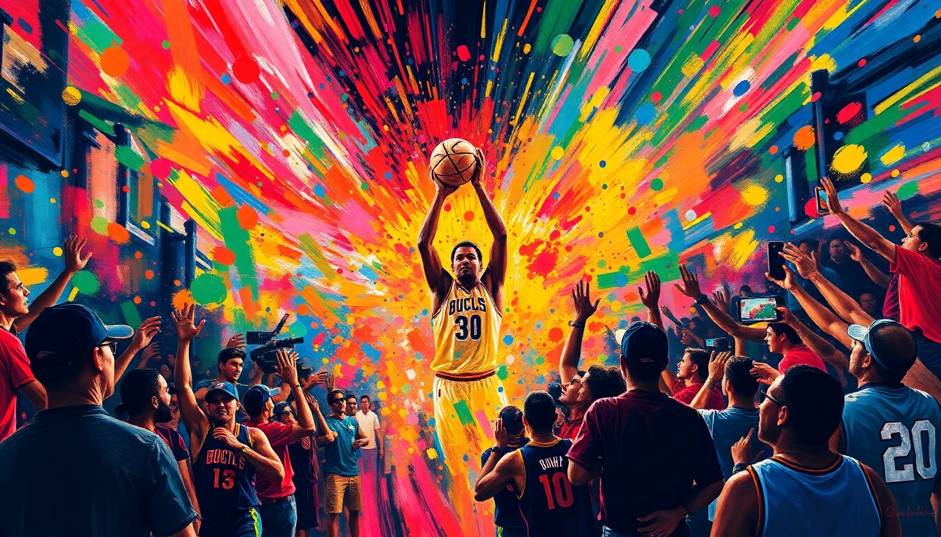 An abstract, energetic painting in neon colors depicting the joyful chaos of a championship parade, with players and fans blending into a vibrant, expressive scene.