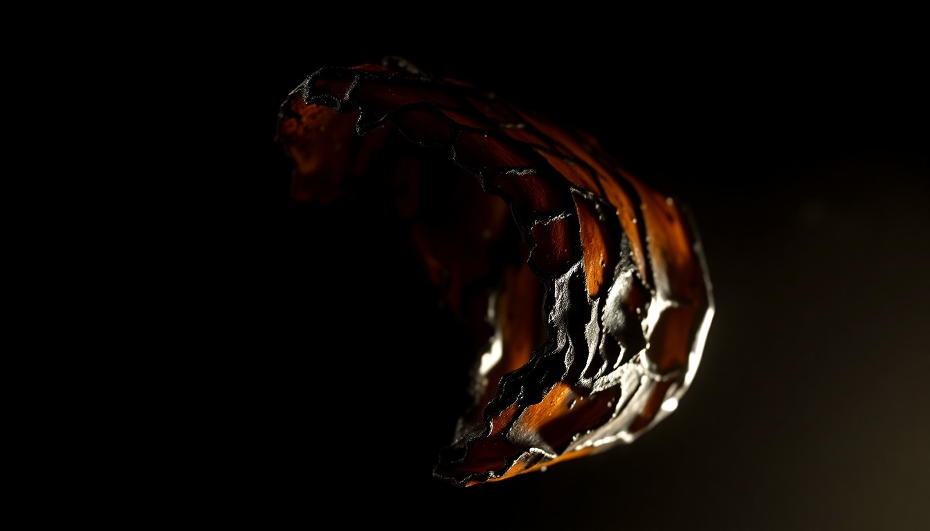 An extreme close-up of a charred, melted plastic object from the warehouse fire, lit by a harsh, direct camera flash against a pitch-black background, conveying a stark, gritty, investigative aesthetic.
