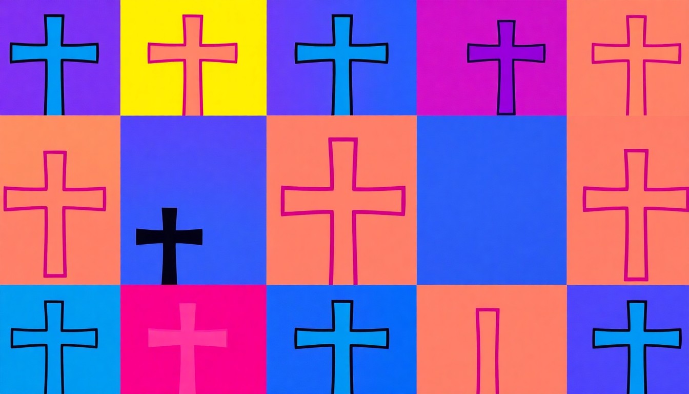 A bold, abstract silkscreen print featuring a repeated Christian cross symbol in a grid of neon colors and heavy black outlines, conveying the contemporary pop art interpretation of religious iconography.
