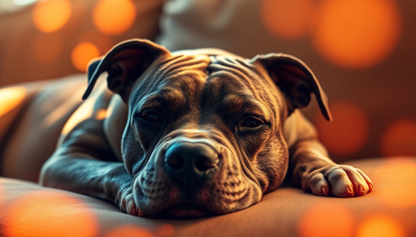 An extremely abstracted, out-of-focus photograph of a pit bull dog resting on a couch, with soft, warm pools of light and color surrounding the animal, conveying a sense of peace and comfort.