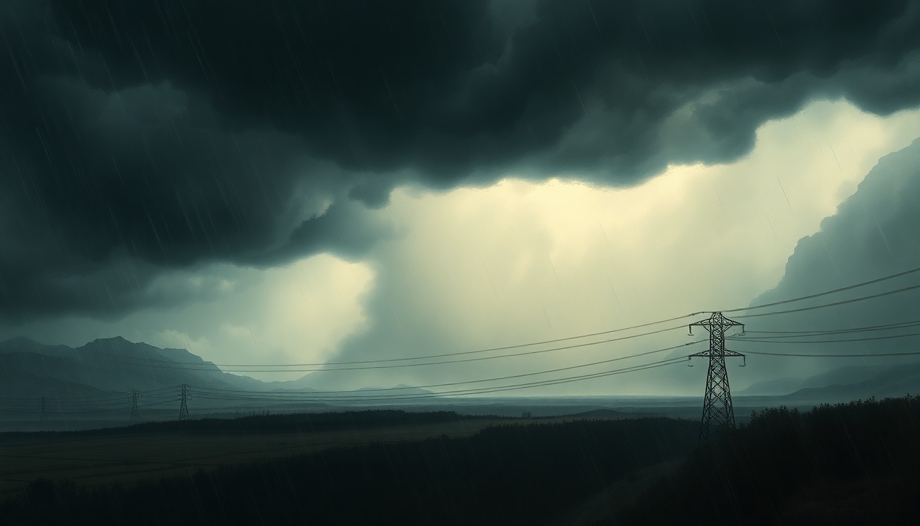 A vast, atmospheric landscape painting depicting a powerful storm sweeping across the region, with heavy rain and fierce winds dwarfing any physical structures or power lines caught within the scene, conveying the overwhelming scale and power of the natural disaster.