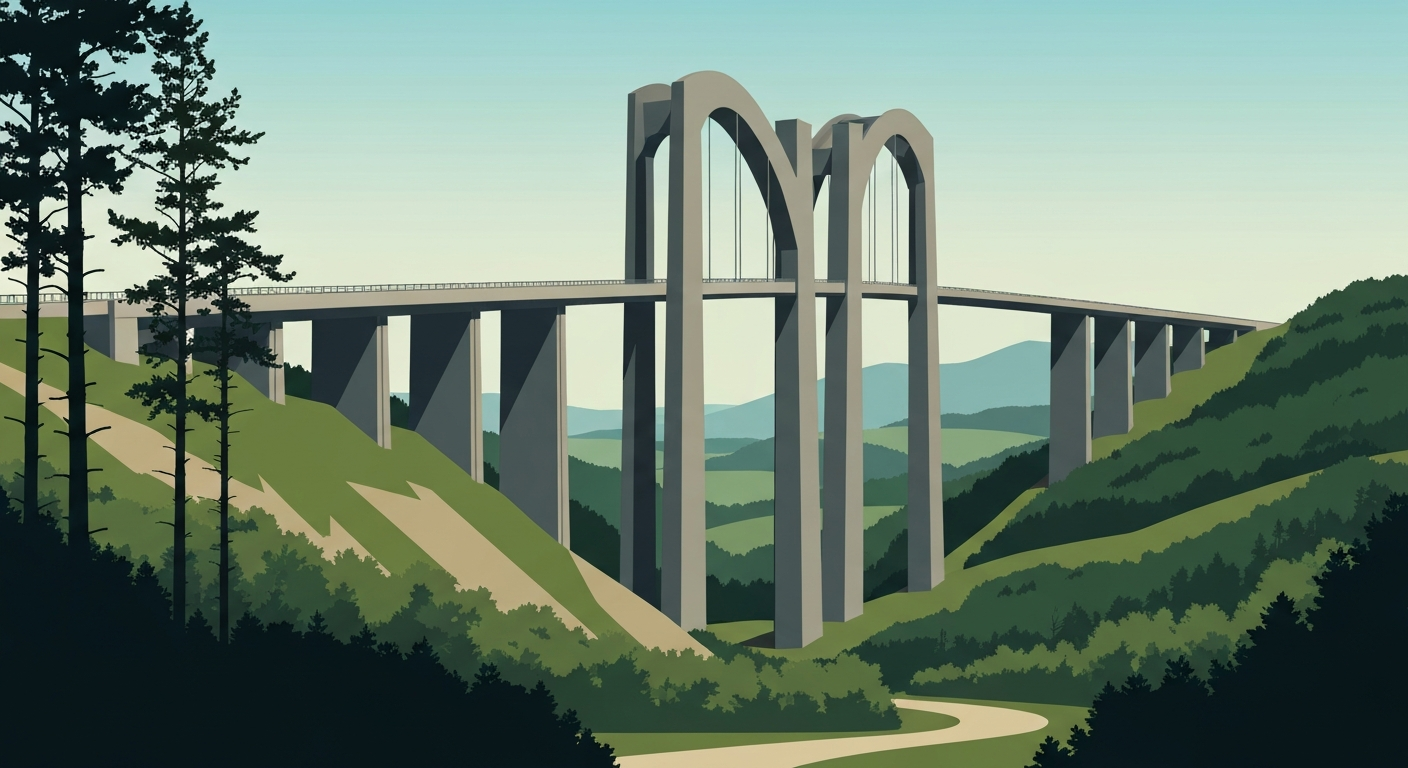 A bold, geometric illustration depicting the towering, streamlined form of the Double Arch Bridge against a backdrop of rolling hills and forests, capturing the grand scale and monumental nature of this landmark structure on the Natchez Trace Parkway.