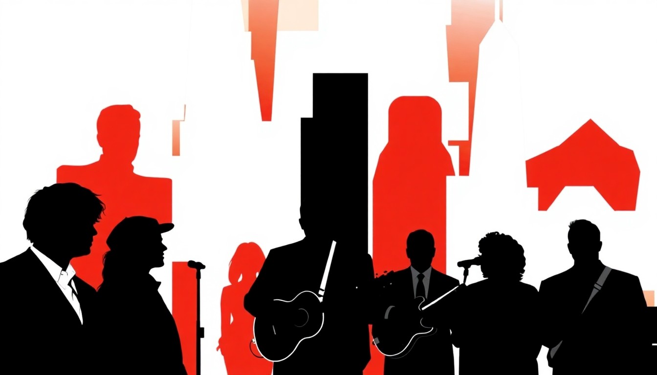 A striking abstract composition of bold, jagged geometric shapes in high-contrast red and white, conceptually representing the diverse lineup of celebrity hosts and musical guests closing out the SNL season.