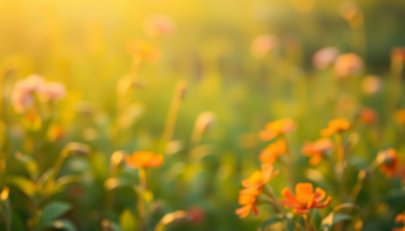 An extremely abstracted, out-of-focus photograph in soft pools of warm color and light, depicting the blurred shapes and textures of a lush, vibrant garden scene, conceptually representing the nurturing process of preparing a successful home garden.