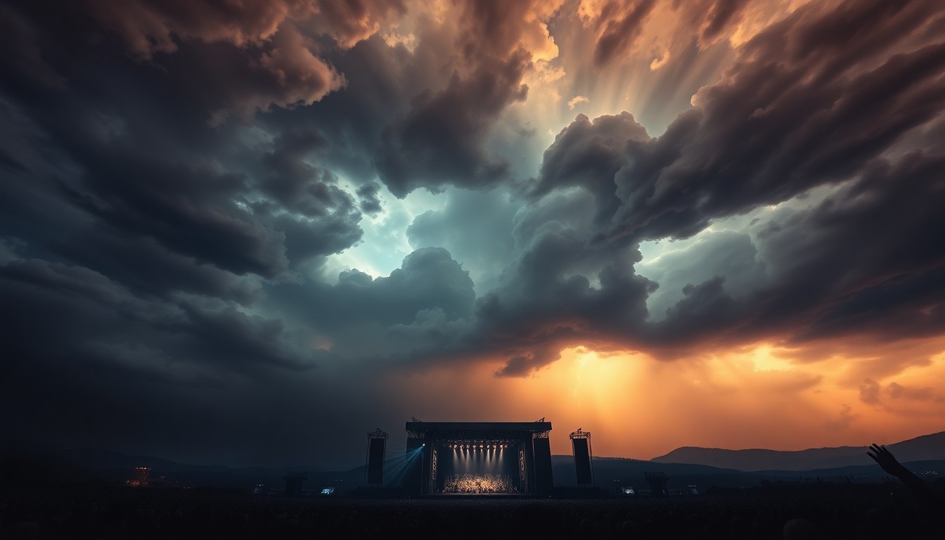 A vast, atmospheric landscape painting depicting a severe thunderstorm looming over an outdoor concert venue, with the stage and audience dwarfed by the towering, turbulent clouds.