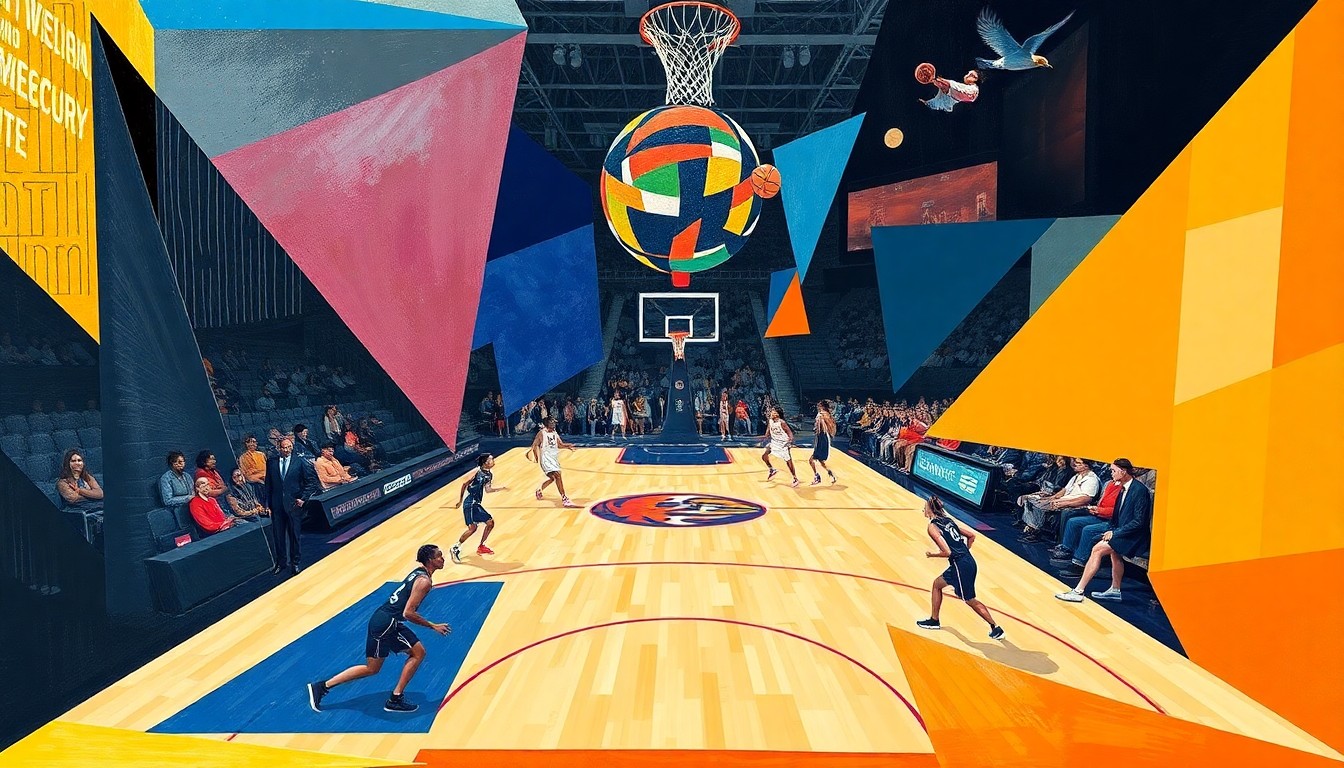 A cubist-style painting depicting a WNBA basketball game between the Phoenix Mercury and Atlanta Dream, with the players' movements and the court's energy broken down into sharp, overlapping geometric planes in a vibrant, multi-perspective composition.