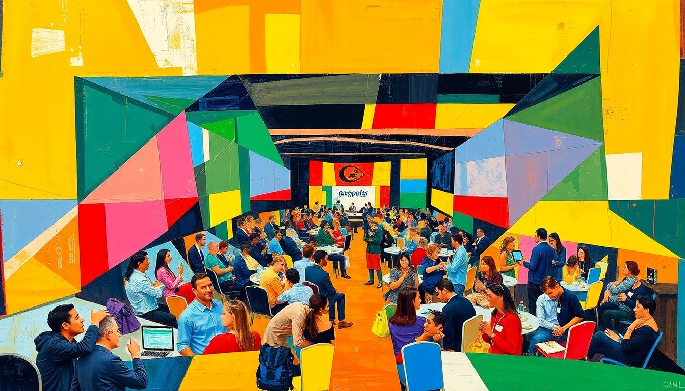 A cubist, geometric painting depicting fragmented, overlapping shapes and planes of bright colors, representing the diverse panels, speakers, and networking opportunities at a sports business conference.