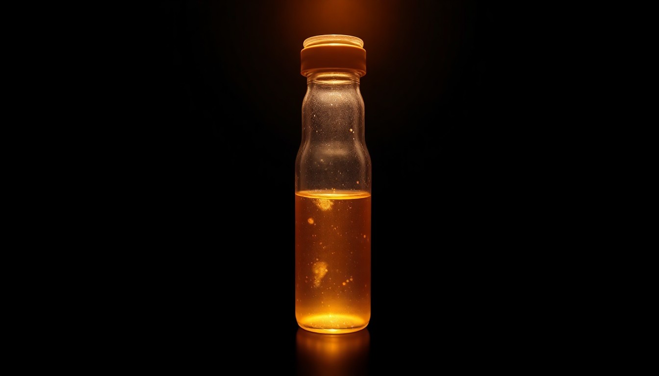 An extreme close-up photograph of a vial containing a mysterious liquid, lit by a harsh, direct camera flash against a pitch-black background, conceptually representing the sinister nature of the alleged clandestine biolab.