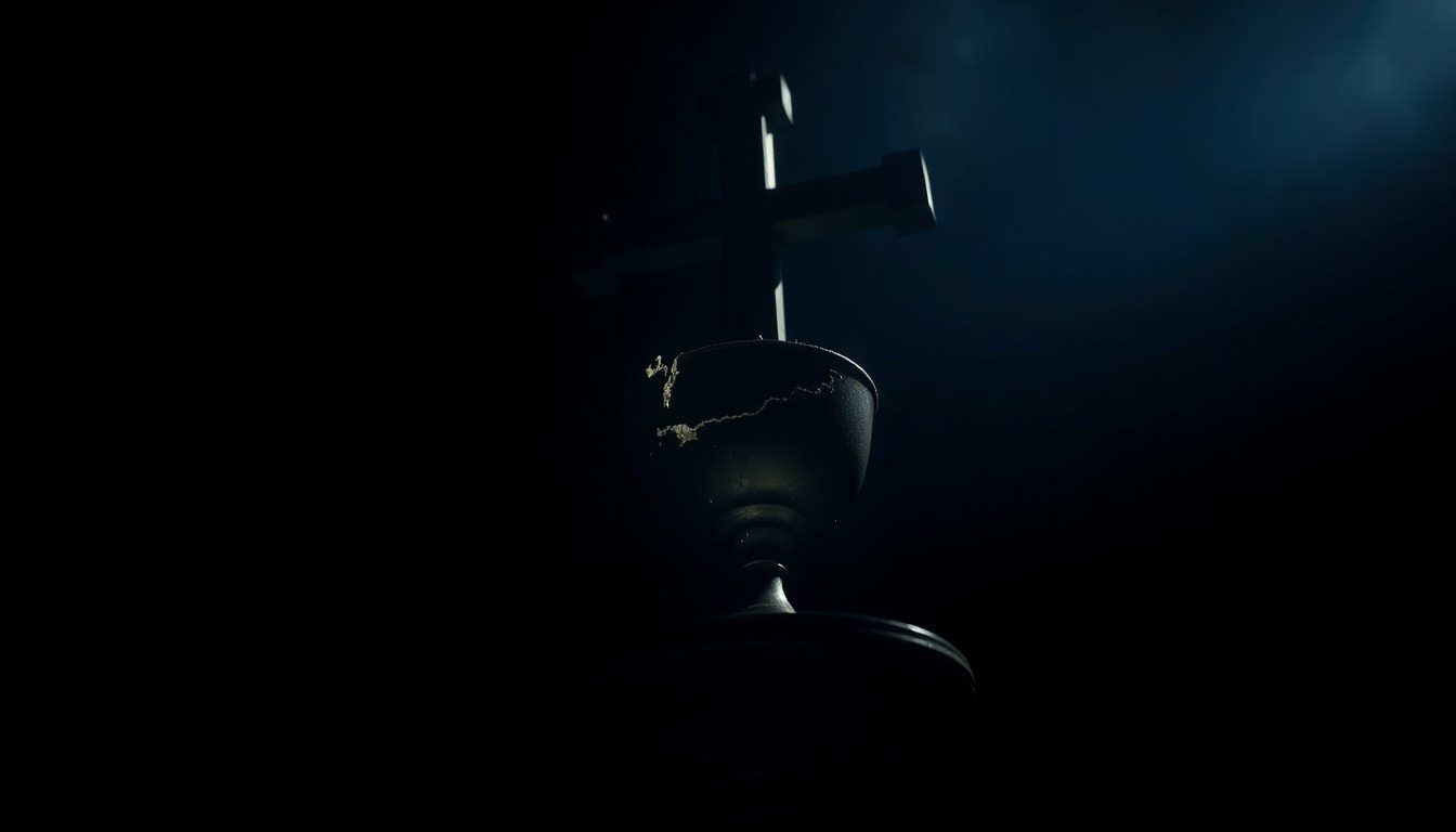 An extreme close-up photograph of a damaged church altar cross reflecting the harsh light of a camera flash, creating a stark, gritty aesthetic that conveys the serious nature of the crime.