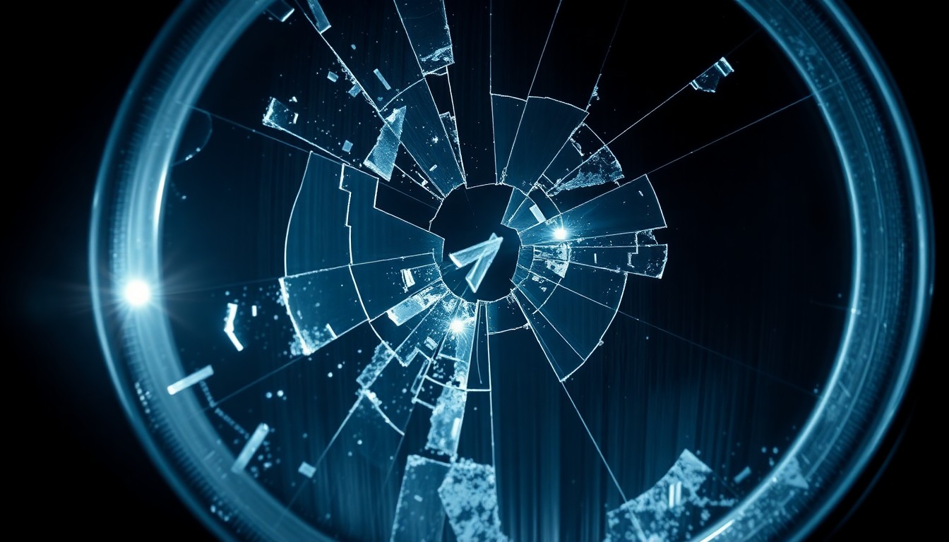 An extreme close-up photograph of a shattered car windshield or broken headlight lens, lit by a harsh, direct camera flash against a pitch-black background, conceptually representing the gritty aftermath of a DUI crash.