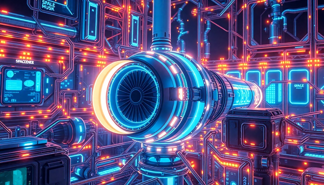 A highly detailed, glowing 3D illustration of a futuristic SpaceX rocket engine surrounded by a complex network of illuminated cybernetic hardware and infrastructure, conceptually representing the advanced technology and innovation at the heart of Elon Musk's space company.