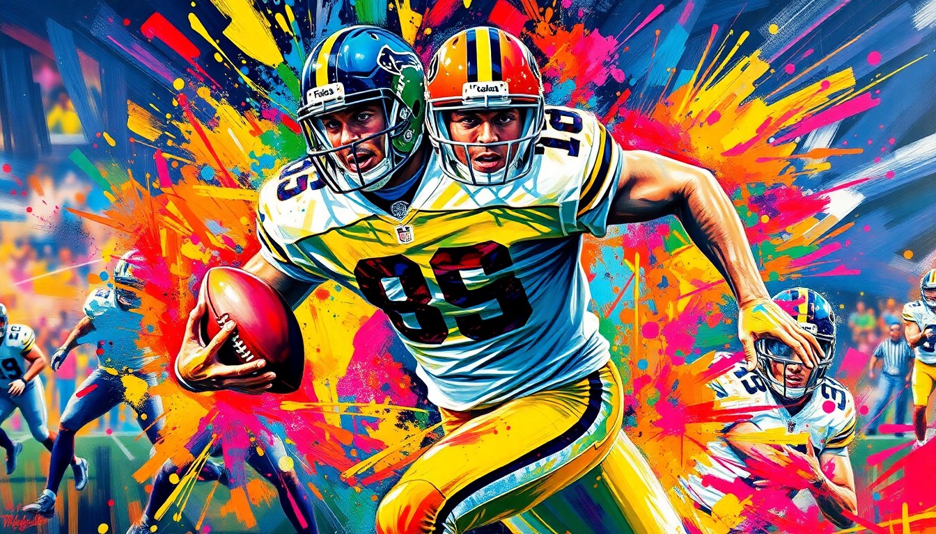 An abstract, expressionist painting in neon colors depicting the dynamic, explosive movements of a football player breaking through the line of scrimmage, with their face and jersey dissolving into unrecognizable splatters of paint, capturing the raw athletic energy of the sport.