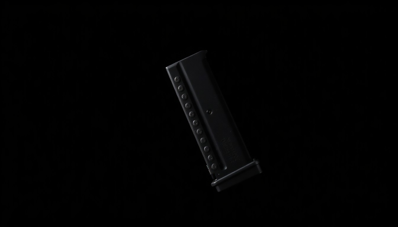 An extreme close-up of a handgun magazine, the metal surface reflecting the harsh light of the camera flash against a pitch-black background, conveying a sense of danger and urgency.