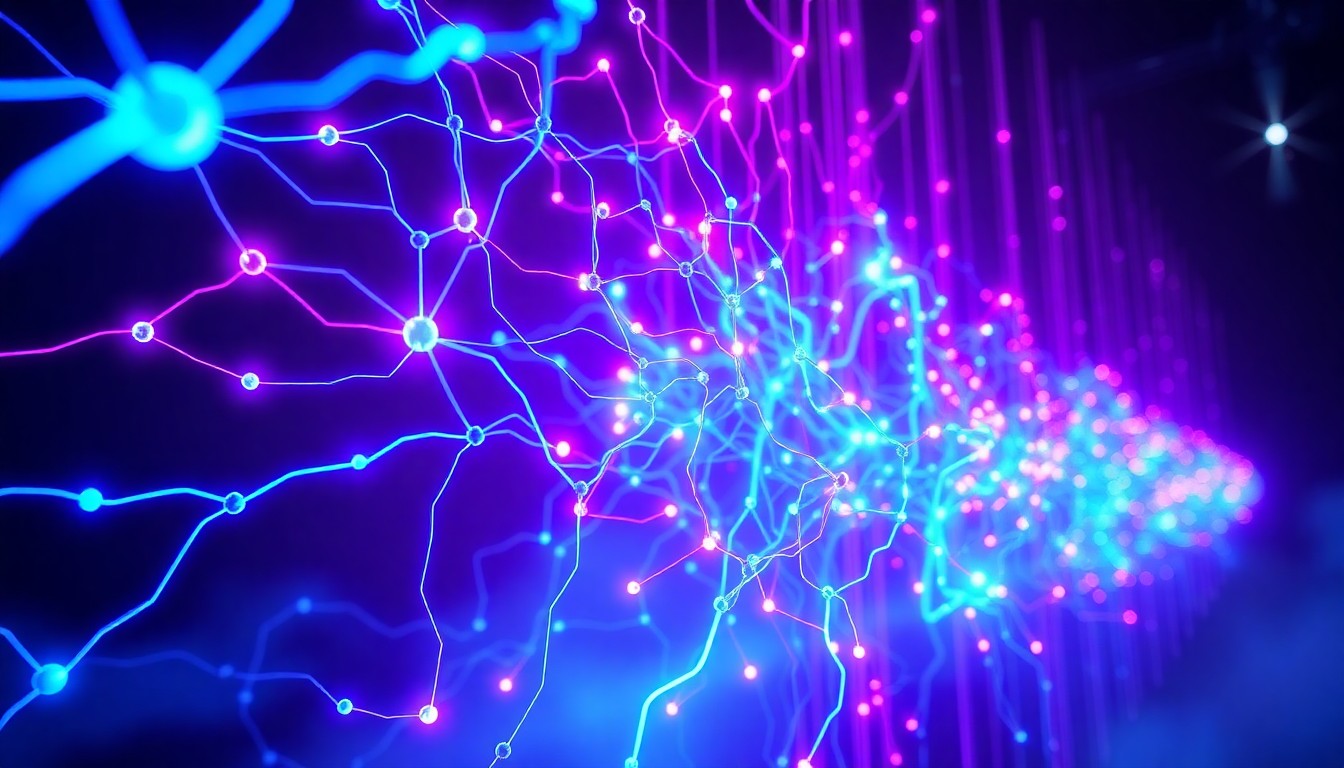 A highly detailed, glowing 3D illustration of a futuristic AI neural network, with pulsing neon blue and magenta cables and nodes suspended in a dark, atmospheric environment, conceptually representing the power and complexity of AI-driven search optimization.