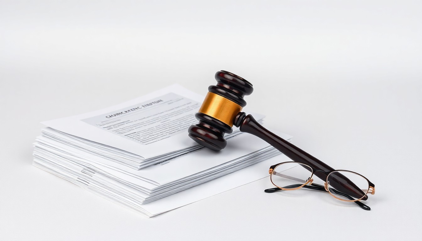 A photorealistic studio still life featuring a stack of legal documents, a gavel, and a pair of glasses, symbolizing the abstract concepts of corporate fraud, securities litigation, and investor protection.