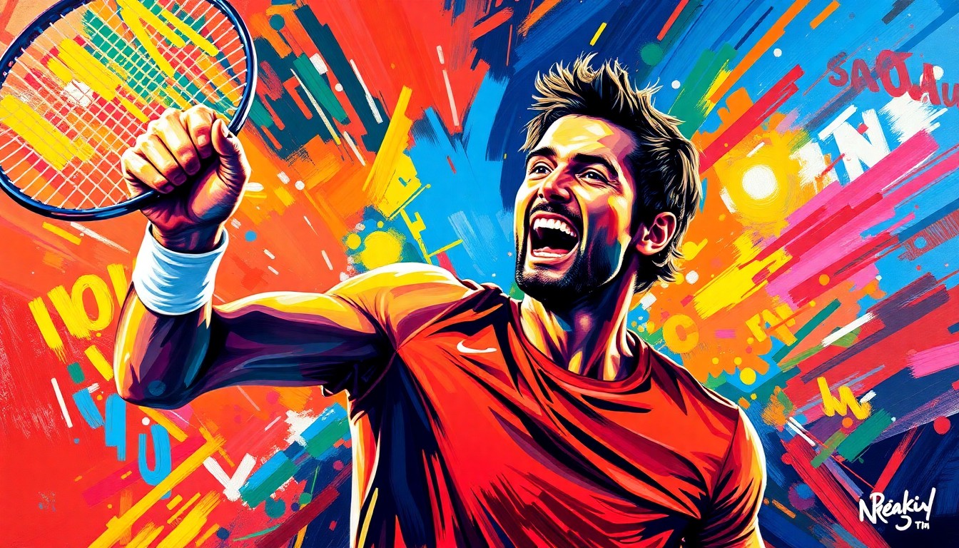 An abstract, energetic painting in neon colors and expressive brushstrokes, capturing the intensity and drama of Mariano Navone's ATP title win in Bucharest.