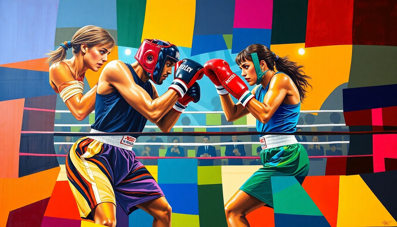 A cubist, geometric painting depicting the boxing match between Terri Harper and Caroline Dubois, with sharp, overlapping planes of color representing the intensity and energy of the fight.