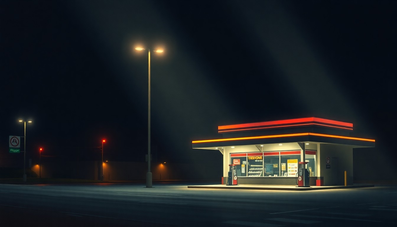 An extreme close-up of a gas station convenience store at night, with the storefront and parking lot shrouded in deep shadows and warm, diagonal streetlights, creating a somber, cinematic mood that reflects the tragic nature of the incident.