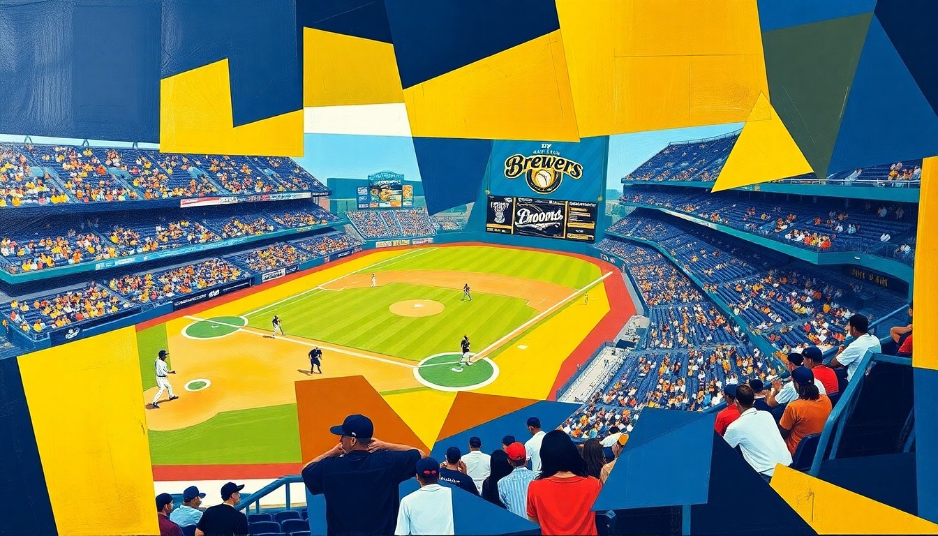 A cubist, geometric painting depicting a baseball game broken down into overlapping planes of navy blue, gold, and white, conceptually representing the advanced broadcast features of the new Brewers.TV streaming service.