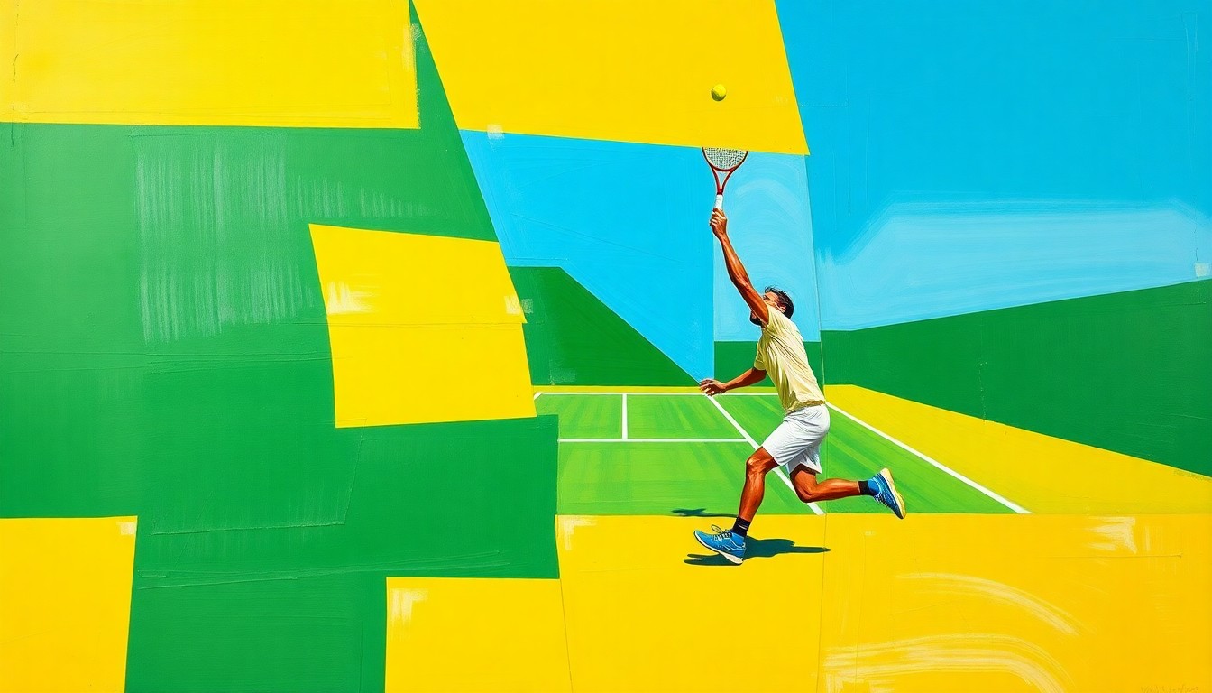 A fractured, geometric painting depicting a tennis player's serve motion broken down into sharp, overlapping planes of color, representing the technical complexity and importance of the serve in the sport.