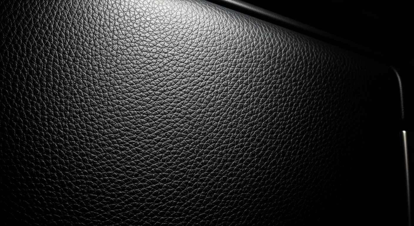 An extreme close-up of the textured, pebbled leather interior of a Toyota LandCruiser Prado, highlighting the rich colors and materials in a dramatic, conceptual illustration.