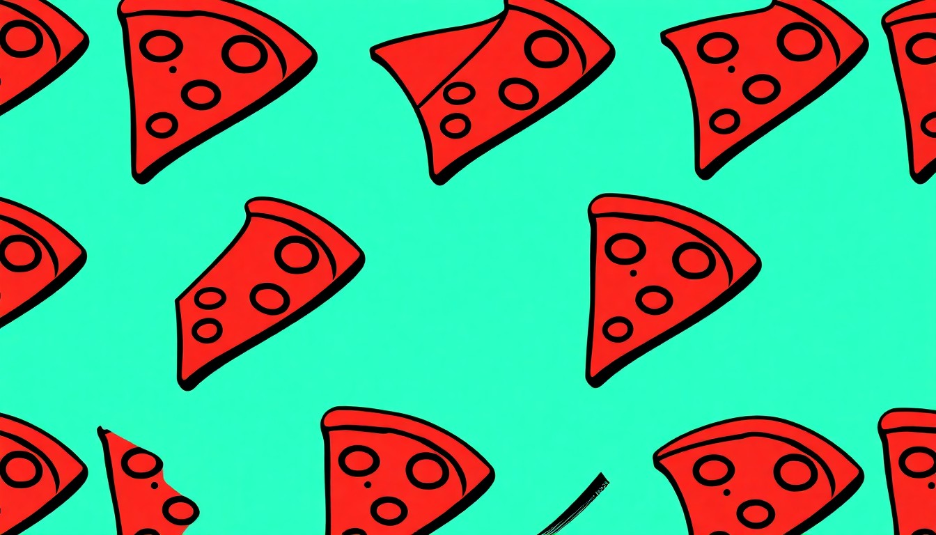 A vibrant, high-contrast silkscreen print of a single pizza slice repeated in a grid pattern, rendered in bold neon colors and heavy black outlines to capture the modern, pop art aesthetic of the new Old City Pizza restaurant.