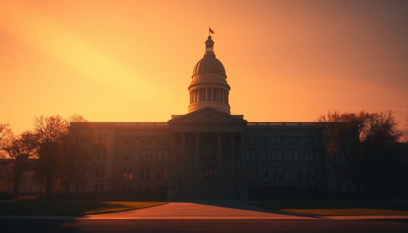 A realistic oil painting of a solitary state capitol building in Kentucky, with warm sunlight streaming through the windows and deep shadows across the facade, conveying a sense of quiet civic importance.