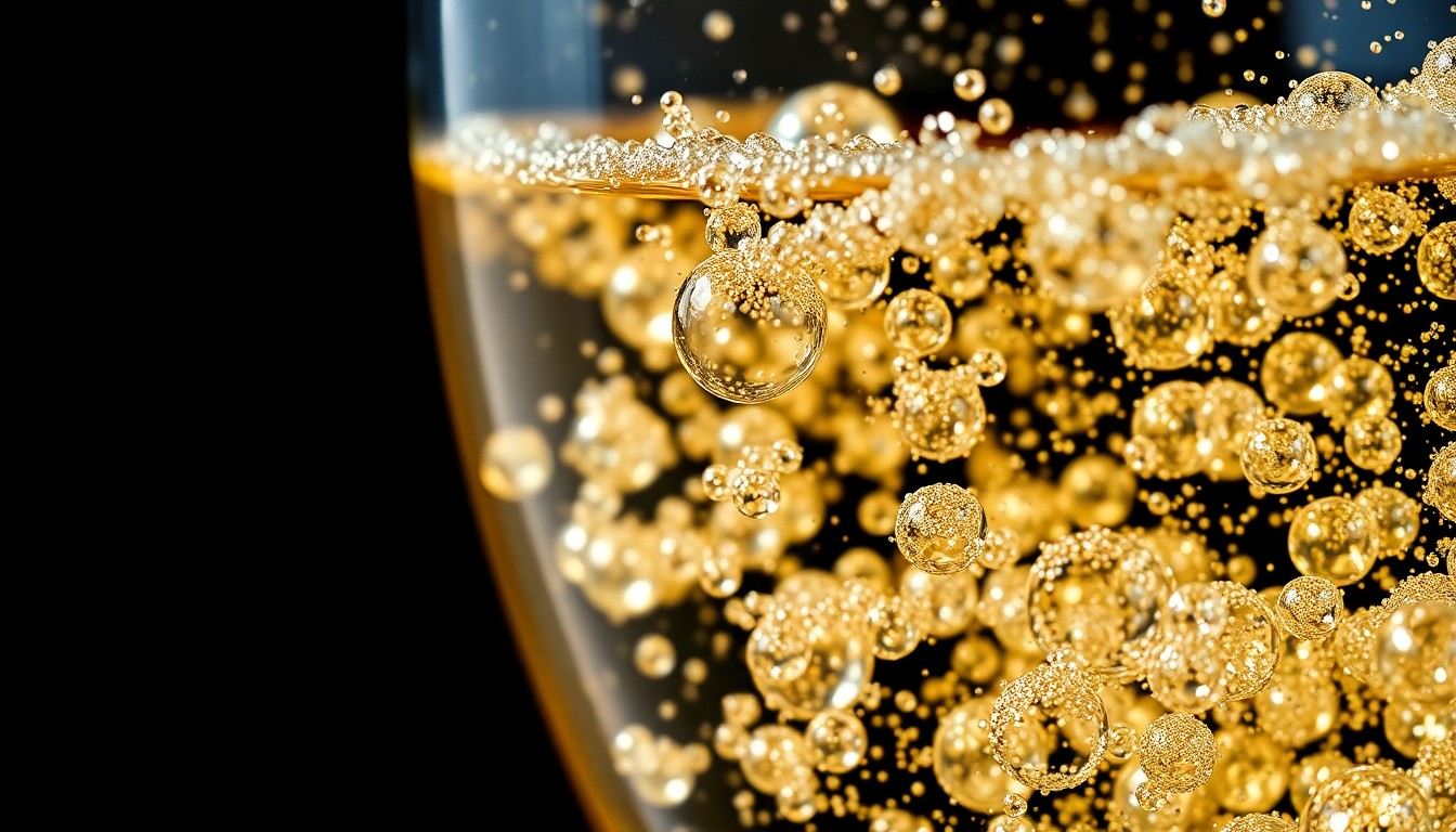 An extreme close-up photograph of champagne bubbles floating in a glass, capturing the luxurious, high-energy texture and lighting in a dramatic, abstract composition.