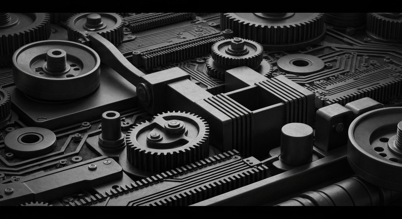 An extreme close-up of intricate, metallic banking machinery and mechanisms, conveying the complex, high-stakes nature of the financial system without using any literal currency or charts.