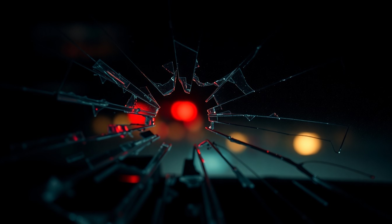 An extreme close-up photograph of a shattered car window reflecting a faint red light, conveying the somber and investigative mood surrounding a police shooting incident.