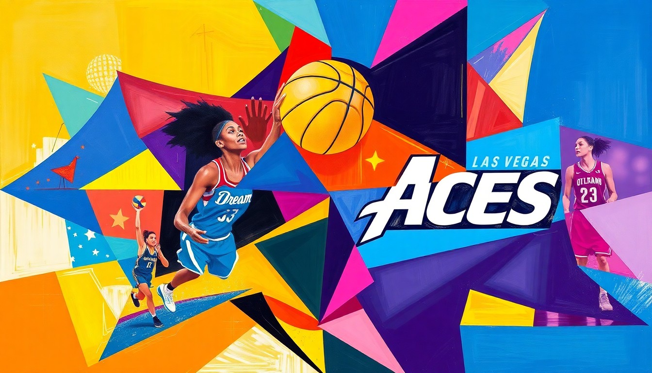 A cubist-style painting depicting a WNBA basketball game broken down into overlapping geometric shapes and planes in the official team colors of the Atlanta Dream and Las Vegas Aces, conveying the dynamic energy and popularity of women's professional basketball.
