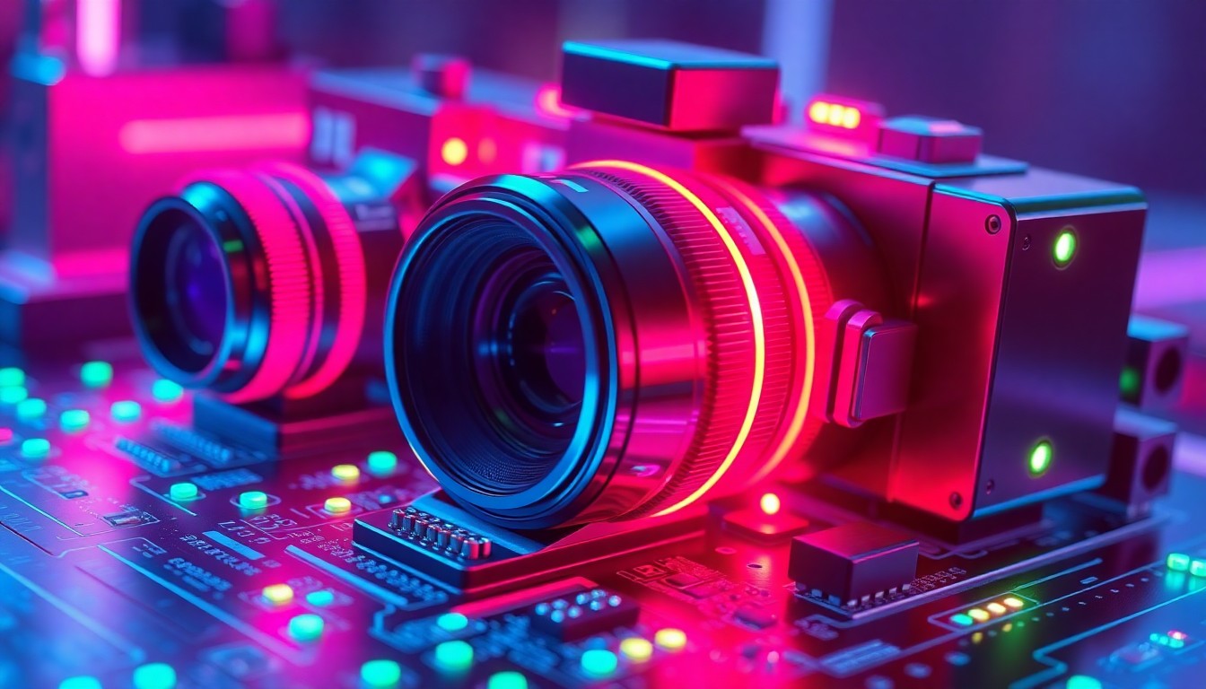 A highly detailed, glowing 3D illustration of a futuristic camera module or video processing unit, with intricate mechanical components and circuitry illuminated by neon cyan and magenta lights, conceptually representing the advanced video capabilities of the Honor Magic 9 smartphone.