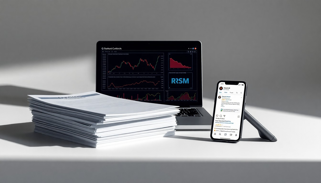 A minimalist studio still life photograph featuring a stack of government contracts, a laptop displaying stock charts, and a mobile phone displaying a social media post, all arranged elegantly on a clean, monochromatic background to symbolize the complex interplay of politics, finance, and corporate power surrounding Palantir's government work.