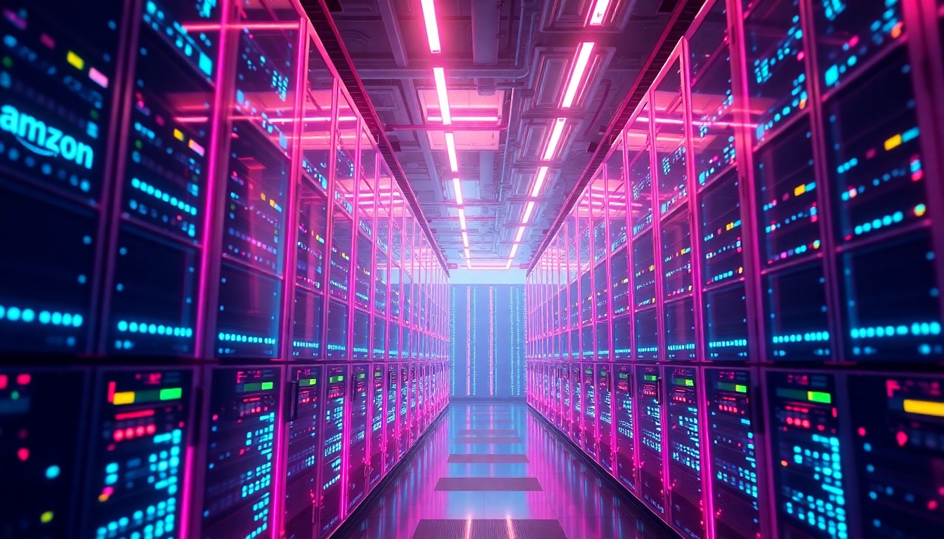 A highly detailed, glowing 3D illustration of futuristic data center infrastructure with neon cyan and magenta lights, conceptually representing Amazon's vast AI computing power.