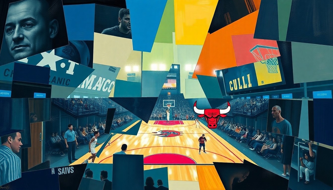 A cubist-style painting depicting a basketball game between the Orlando Magic and Chicago Bulls, with the players and court broken down into sharp, overlapping geometric shapes and planes of color.