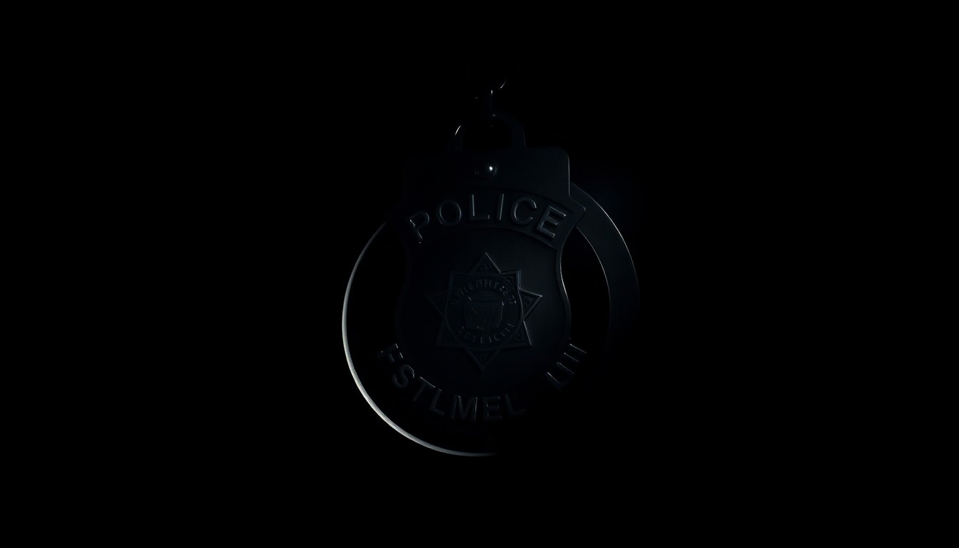 An extreme close-up photograph of a police badge reflecting a harsh, direct camera flash, conveying a stark, gritty, investigative aesthetic.