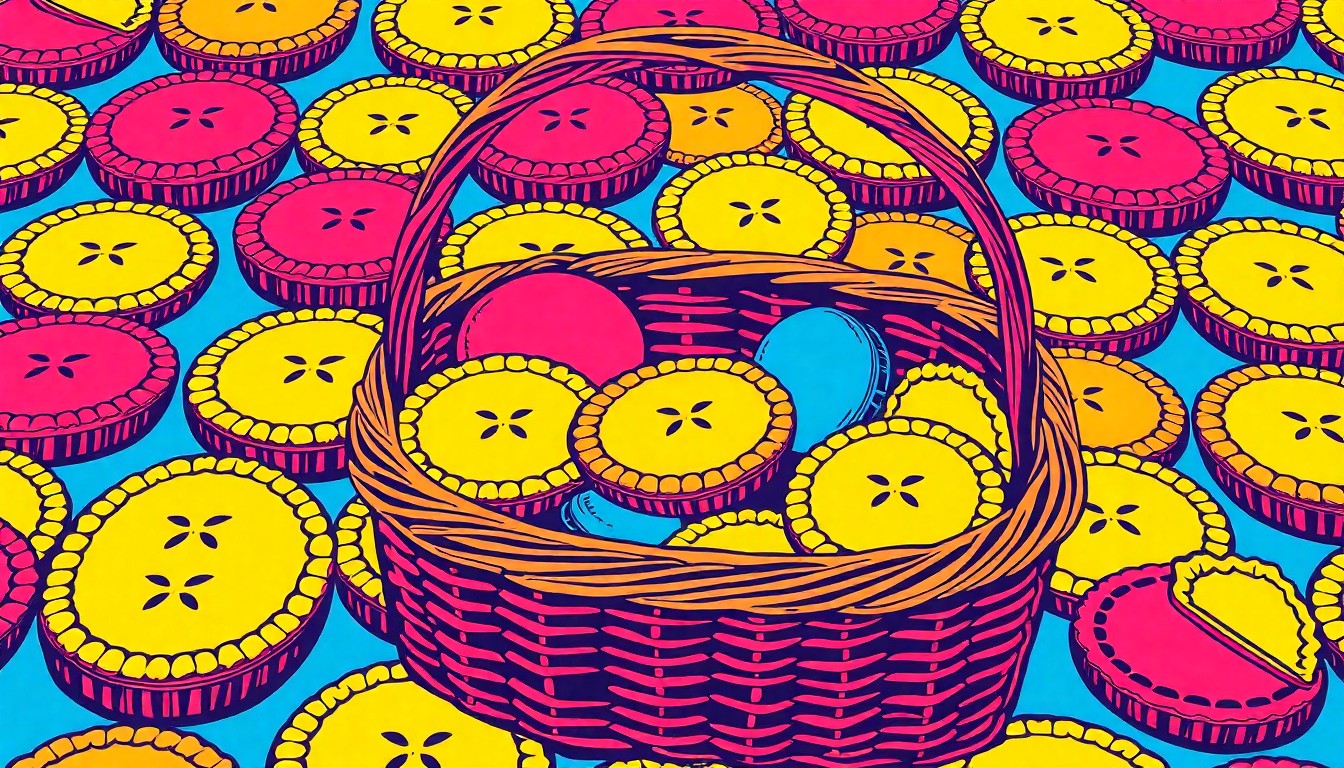 A brightly colored, high-contrast silkscreen print of a picnic basket filled with homemade pies, repeated in a tight grid pattern, conceptually representing the community potluck at the Founders Day festival in Cave City.
