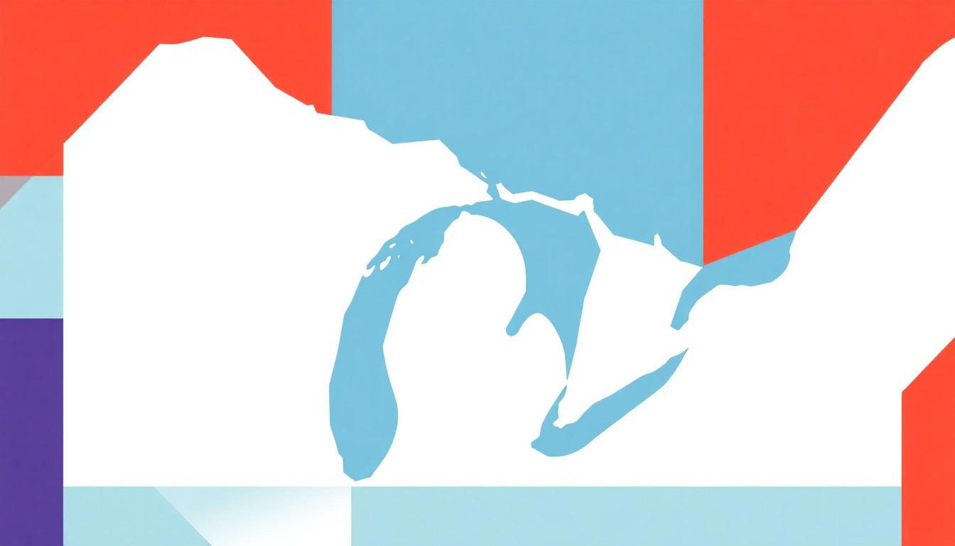 A minimalist illustration featuring bold, geometric shapes in primary colors, conceptually representing the widening economic gap between Ontario and the surrounding U.S. states.