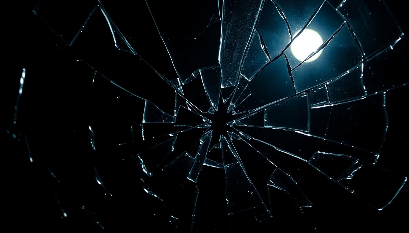 An extreme close-up of a shattered glass surface, reflecting a dim, moody light. The abstract, high-contrast texture captures the gritty glamour of the criminal underworld.