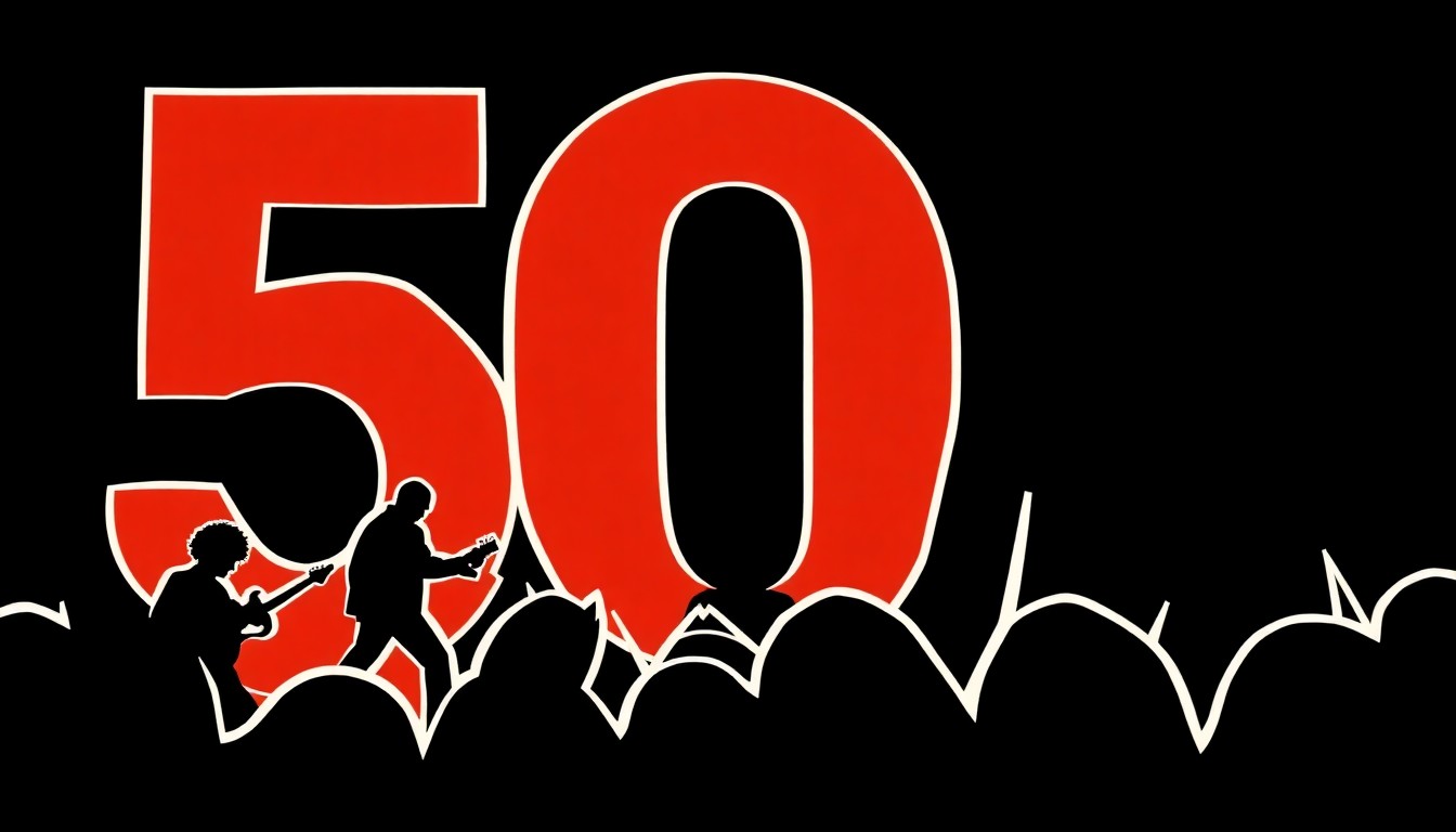 An abstract, minimalist illustration featuring bold, geometric shapes in contrasting colors, conceptually representing the joyful energy and artistic legacy of the Elgin Youth Symphony Orchestra's 50th anniversary celebration.