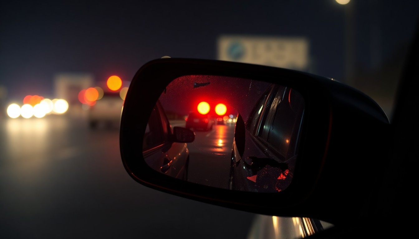 An extreme close-up photograph of a broken car side mirror reflecting the faint glow of emergency lights, conceptually illustrating the aftermath of a fatal highway accident.