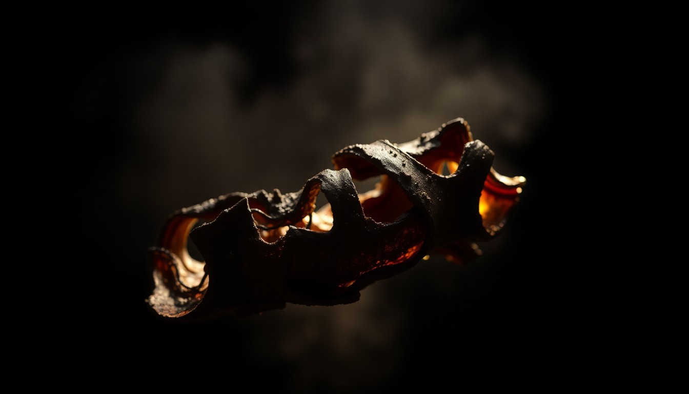 An extreme close-up of a blackened, distorted metal fragment, conceptually representing the destruction caused by the fireworks warehouse explosion.