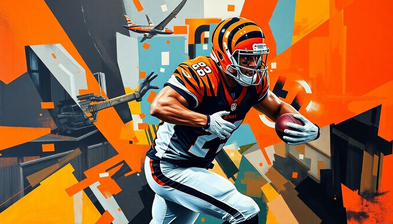 A fragmented, geometric painting depicting a football player in motion, with sharp planes of orange and black colors representing the Cincinnati Bengals' team palette, conveying the dynamic energy of the sport.