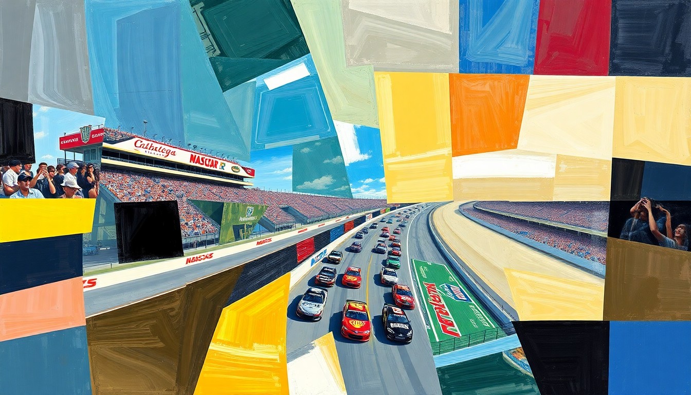 A cubist, geometric painting depicting a NASCAR race at Talladega Superspeedway, with the cars and track broken down into sharp, overlapping planes of color and shape.