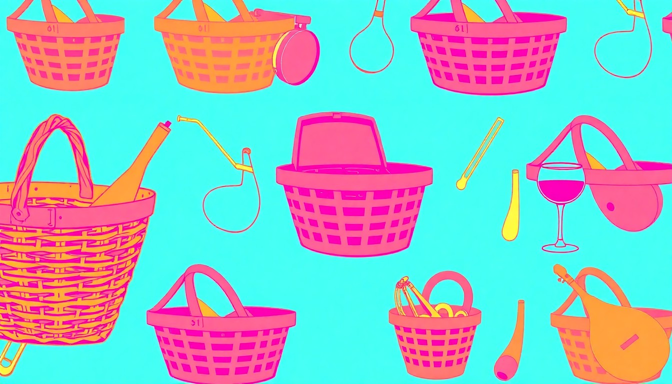 A bold, colorful silkscreen grid pattern featuring repeated images of various lifestyle objects like a farmers market basket, a wine glass, and a musical instrument, conceptually representing the diverse range of spring events and activities taking place in the Westminster community.