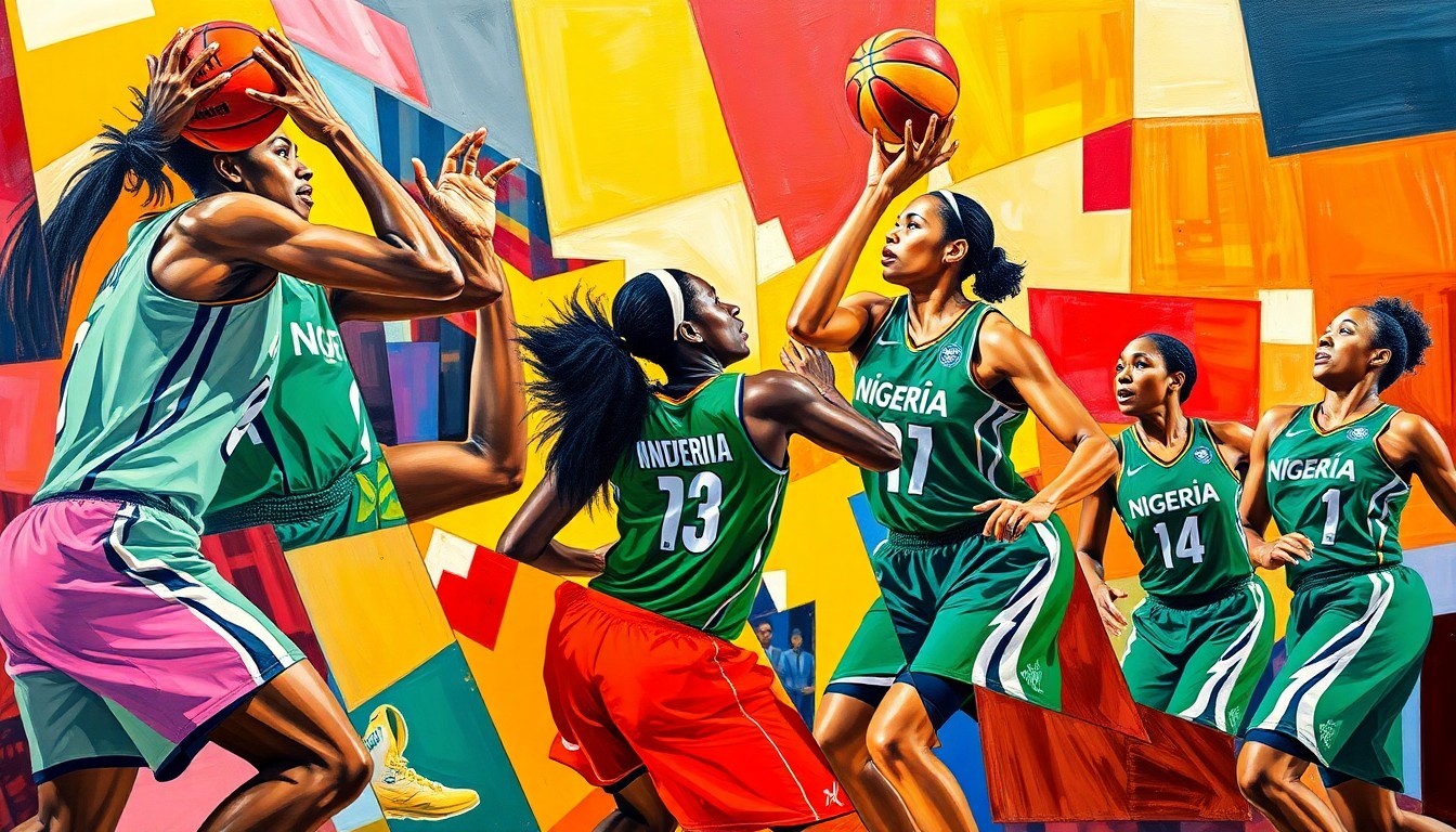 A cubist-style painting depicting the dynamic action of a women's basketball game, with the players and court fragmented into overlapping geometric shapes and planes in vibrant colors.