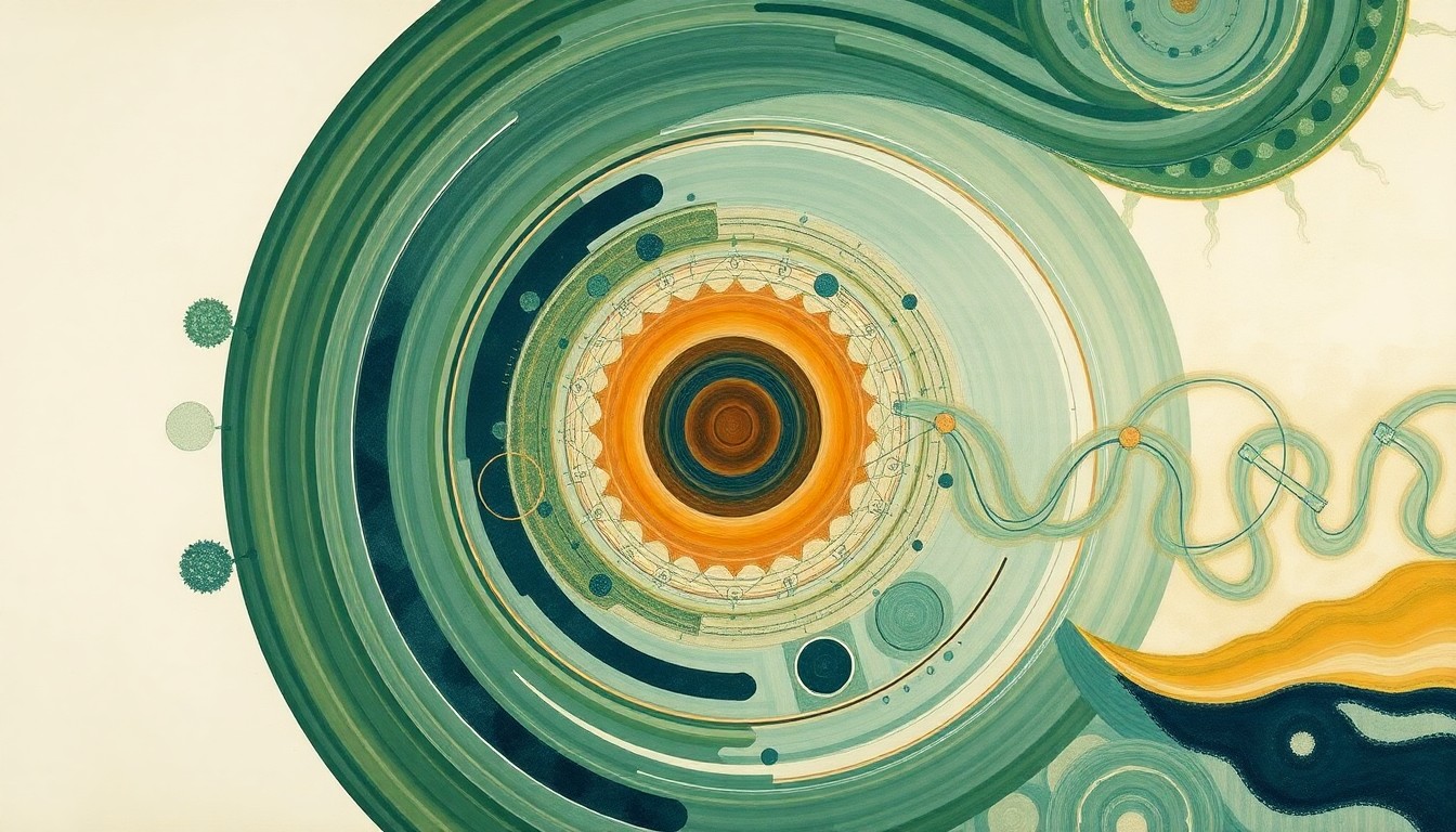 A highly abstract, geometric painting in muted earth tones, depicting the complex interplay of cellular structures and genetic forces involved in the aging and rejuvenation of human fibroblasts, conveying the scientific breakthroughs that could lead to reversing the effects of aging.