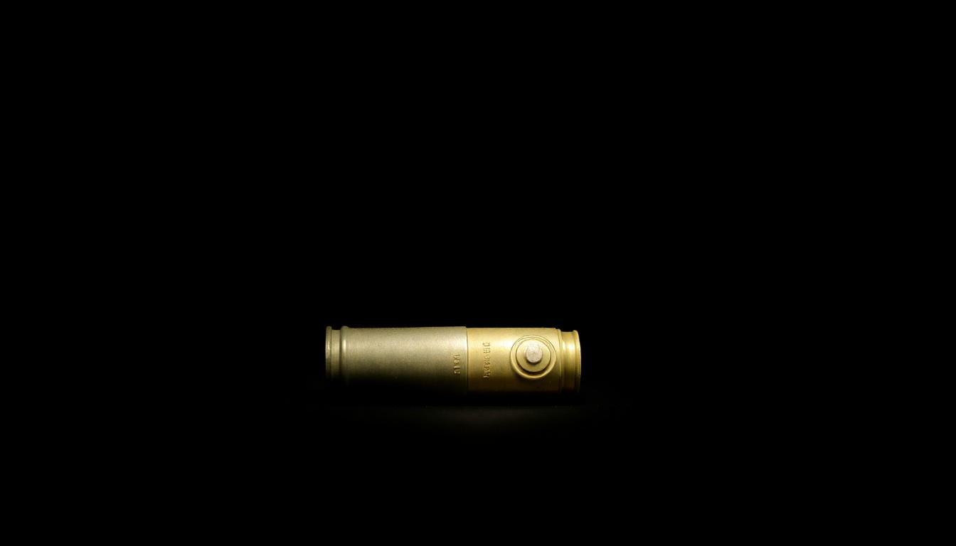 An extreme close-up of a single spent shell casing on a pitch-black background, dramatically lit by a harsh camera flash to create a stark, investigative aesthetic without words.