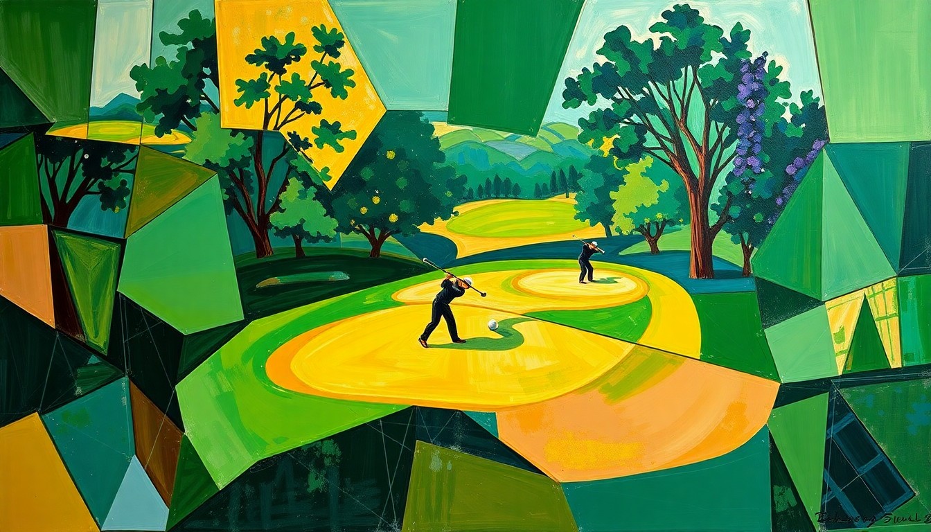 A cubist, geometric painting depicting a fragmented golf match or competition, with overlapping planes of green, blue, and gold hues, capturing the dynamic energy of the sport.