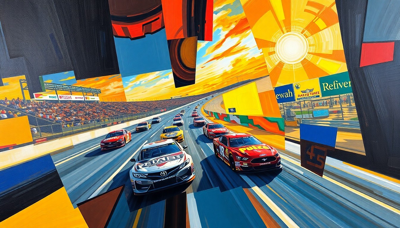 A cubist, geometric painting depicting the chaotic, high-intensity racing at Bristol Motor Speedway, with overlapping planes of color and motion representing the cars and the track.